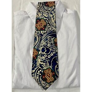 Michael Austin‎ Mens Silk Tie Blue Gold Green Geometric Paisley Pattern